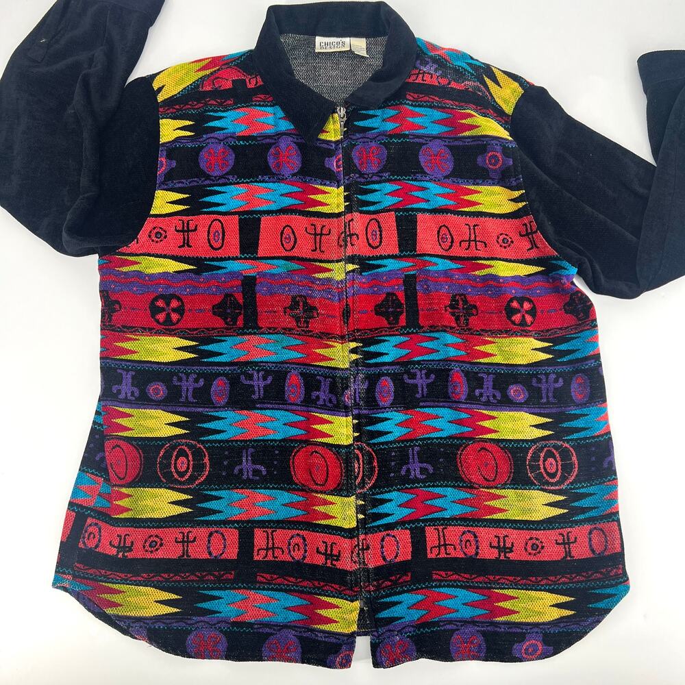 Chicos Womens Vintage Full Zip Shirt Jacket Wearable Art Aztec Size XL